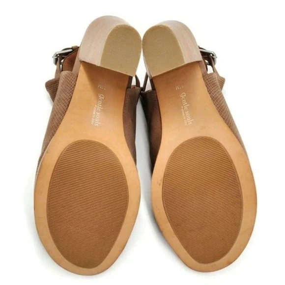 Gentle Souls Tan Nubuck Leather Open-Toe Sling-Back Stacked Heel Shootie Sandals - Picture 16 of 16